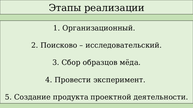 Этапы реализации 1. Организационный. 2. Поисково – исследовательский. 3. Сбор образцов мёда. 4. Провести эксперимент. 5. Создание продукта проектной деятельности. 