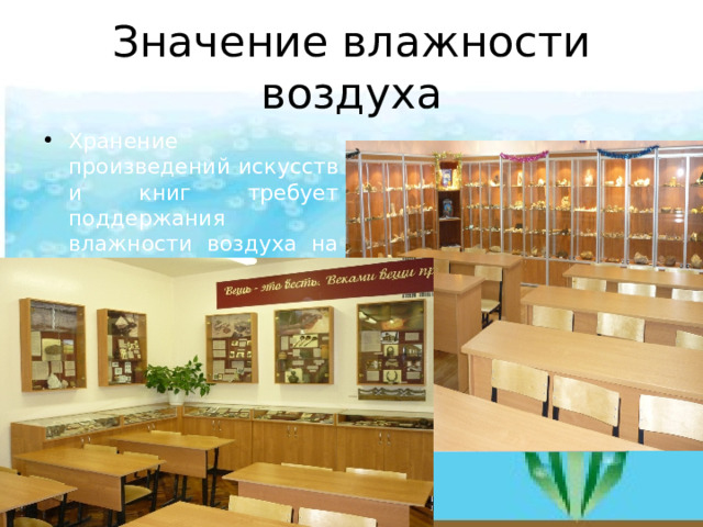 Значение влажности воздуха Хранение произведений искусств и книг требует поддержания влажности воздуха на необходимом уровне 