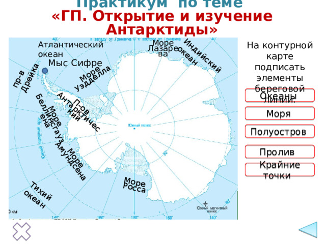Практикум по теме  «ГП. Открытие и изучение Антарктиды» На контурной карте подписать элементы береговой линии: Мыс Сифре Океаны  Моря  Полуостров Пролив Крайние точки  