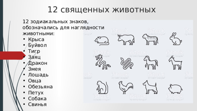 12 священных животных   12 зодиакальных знаков, обозначались для наглядности животными: Крыса Буйвол Тигр Заяц Дракон Змея Лошадь Овца Обезьяна Петух Собака Свинья 