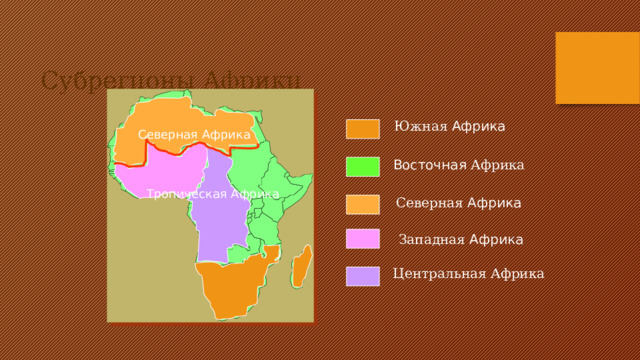 Субрегионы Африки Южная Африка Северная Африка Восточная Африка Тропическая Африка Северная Африка Западная Африка Центральная Африка 