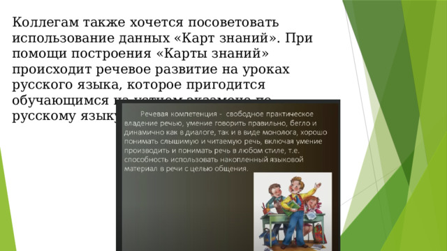 Коллегам также хочется посоветовать использование данных «Карт знаний». При помощи построения «Карты знаний» происходит речевое развитие на уроках русского языка, которое пригодится обучающимся на устном экзамене по русскому языку. 