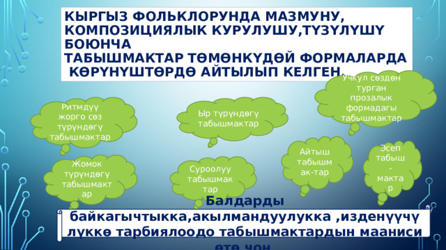 Кыргыз фольклорунда мазмуну,  композициялык курулушу,түзүлүшү боюнча  табышмактар төмөнкүдөй формаларда  көрүнүштөрдө айтылып келген. Учкул сөздөн турган прозалык формадагы табышмактар Ритмдүү жорго сөз түрүндөгү табышмактар Ыр түрүндөгү табышмактар Айтыш табышмак-тар Эсеп табыш-мактар Жомок түрүндөгү табышмактар Суроолуу табышмактар Балдарды байкагычтыкка,акылмандуулукка ,изденүүчүлүккө тарбиялоодо табышмактардын мааниси өтө чоң . 
