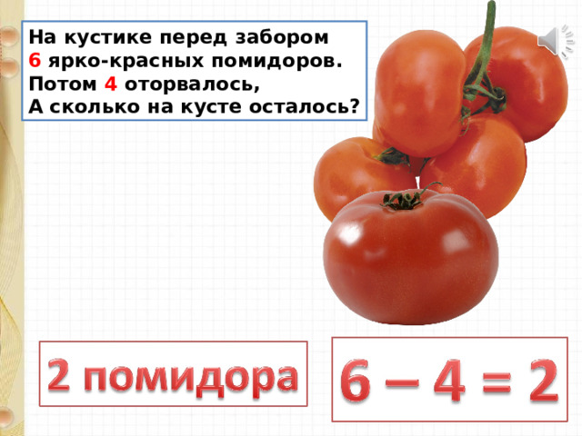 На кустике перед забором 6 ярко-красных помидоров. Потом 4 оторвалось, А сколько на кусте осталось? 