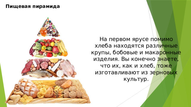 Пищевая пирамида На первом ярусе помимо хлеба находятся различные крупы, бобовые и макаронные изделия. Вы конечно знаете, что их, как и хлеб, тоже изготавливают из зерновых культур. 