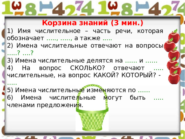 Корзина знаний (3 мин.) 1) Имя числительное – часть речи, которая обозначает …..,  ….., а также ..... 2) Имена числительные отвечают на вопросы …..? ….? 3) Имена числительные делятся на …… и …… 4) На вопрос СКОЛЬКО? отвечают ….. числительные, на вопрос КАКОЙ? КОТОРЫЙ? - ….. 5) Имена числительные изменяются по ……  6) Имена числительные могут быть ….. членами предложения. 