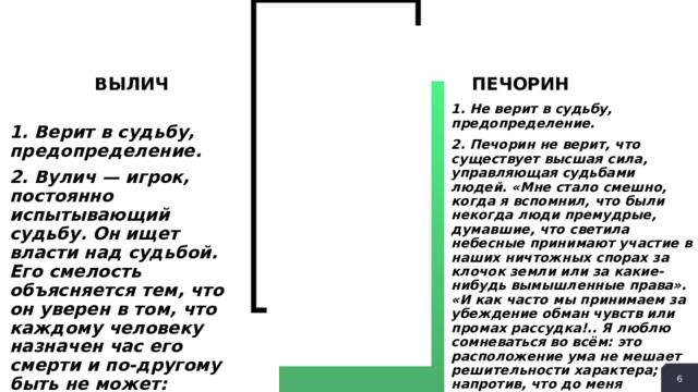 ВЫЛИЧ ПЕЧОРИН 1. Не верит в судьбу, предопределение. 2. Печорин не верит, что существует высшая сила, управляющая судьбами людей. «Мне стало смешно, когда я вспомнил, что были некогда люди премудрые, думавшие, что светила небесные принимают участие в наших ничтожных спорах за клочок земли или за какие-нибудь вымышленные права». «И как часто мы принимаем за убеждение обман чувств или промах рассудка!.. Я люблю сомневаться во всём: это расположение ума не мешает решительности характера; напротив, что до меня касается, то я всегда смелее иду вперёд, когда не знаю, что меня ожидает. Ведь хуже смерти ничего не случится — а смерти не минуешь!» 1. Верит в судьбу, предопределение. 2. Вулич — игрок, постоянно испытывающий судьбу. Он ищет власти над судьбой. Его смелость объясняется тем, что он уверен в том, что каждому человеку назначен час его смерти и по-другому быть не может: «Каждому из нас назначена роковая минута».  