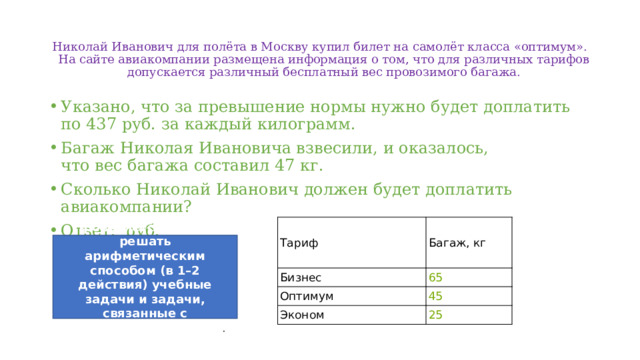 Николай Иванович для полёта в Москву купил билет на самолёт класса «оптимум». На сайте авиакомпании размещена информация о том, что для различных тарифов допускается различный бесплатный вес провозимого багажа.   Указано, что за превышение нормы нужно будет доплатить по 437 руб. за каждый килограмм. Багаж Николая Ивановича взвесили, и оказалось, что вес багажа составил 47 кг. Сколько Николай Иванович должен будет доплатить авиакомпании? Ответ:  руб. Тариф Бизнес Багаж, кг Оптимум 65 45 Эконом 25 Проверяется умение решать арифметическим способом (в 1–2 действия) учебные задачи и задачи, связанные с повседневной жизнью . 