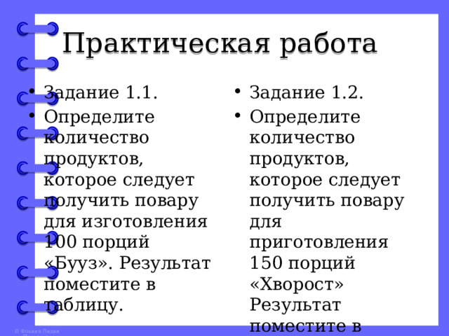 Практическая работа Задание 1.1. Определите количество продуктов, которое следует получить повару для изготовления 100 порций «Бууз». Результат поместите в таблицу. Задание 1.2. Определите количество продуктов, которое следует получить повару для приготовления 150 порций «Хворост» Результат поместите в таблицу. 