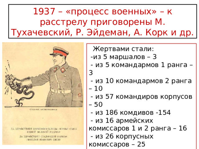 1937 – «процесс военных» – к расстрелу приговорены М. Тухачевский, Р. Эйдеман, А. Корк и др.  Жертвами стали:  -из 5 маршалов – 3  - из 5 командармов 1 ранга – 3  - из 10 командармов 2 ранга – 10  - из 57 командиров корпусов – 50  - из 186 комдивов -154  - из 16 армейских комиссаров 1 и 2 ранга – 16  - из 26 корпусных комиссаров – 25  - из 64 дивизионных комиссаров - 58  - из 456 полковников - 401 