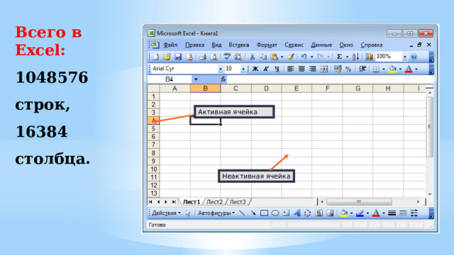Всего в Excel: 1048576 строк, 16384 столбца. Активная ячейка Неактивная ячейка 