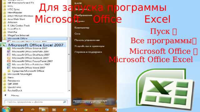 Для запуска программы Microsoft Office Excel Пуск  Все программы  Microsoft Office  Microsoft Office Excel 