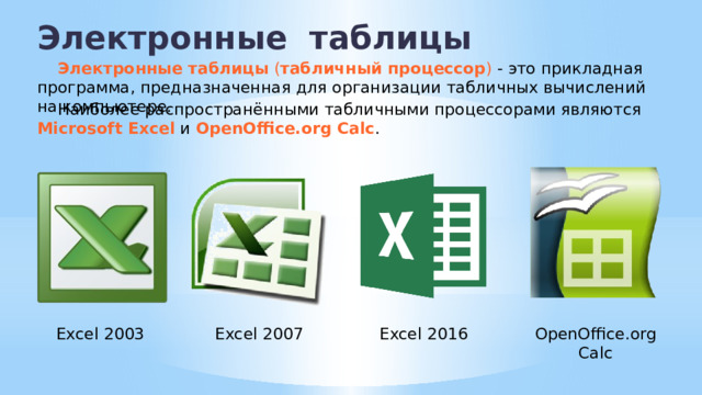 Электронные таблицы Электронные таблицы ( табличный процессор ) - это прикладная программа, предназначенная для организации табличных вычислений на компьютере. Наиболее распространёнными табличными процессорами являются Microsoft Excel и OpenOffice.org Calc . Excel 2003 Excel 2007 OpenOffice.org Calc Excel 2016 