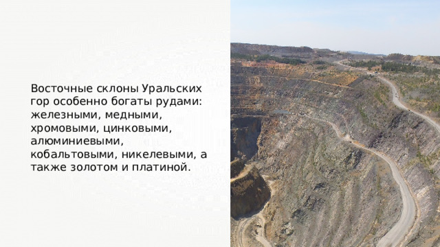 Восточные склоны Уральских гор особенно богаты рудами: железными, медными, хромовыми, цинковыми, алюминиевыми, кобальтовыми, никелевыми, а также золотом и платиной. 