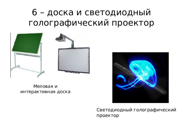 6 – доска и светодиодный голографический проектор Меловая и интерактивная доска Светодиодный голографический проектор 