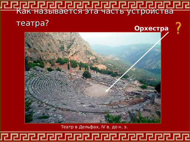 Как называется эта часть устройства театра?  Орхестра Театр в Дельфах, IV в. до н.  э . 