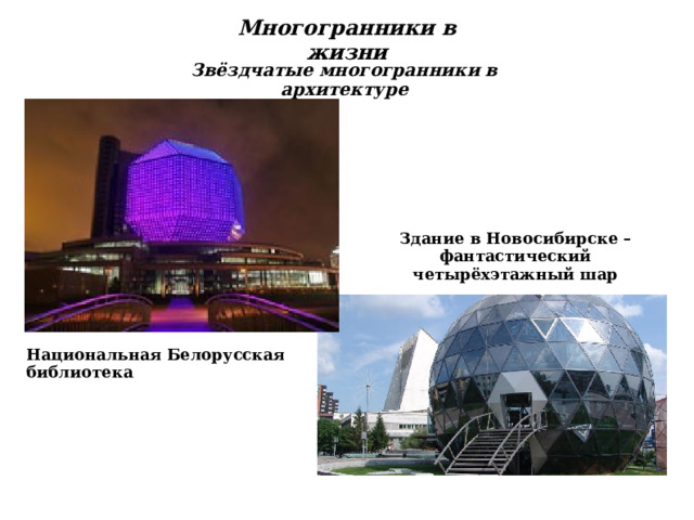 Многогранники в жизни Звёздчатые многогранники в архитектуре Здание в Новосибирске – фантастический четырёхэтажный шар Национальная Белорусская библиотека  
