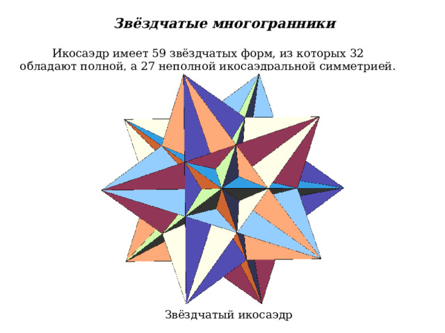 Звёздчатые многогранники  Икосаэдр имеет 59 звёздчатых форм, из которых 32 обладают полной, а 27 неполной икосаэдральной симметрией. Звёздчатый икосаэдр 