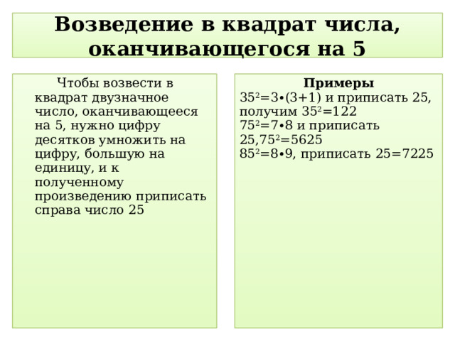 Возведение в квадрат числа, оканчивающегося на 5 Чтобы возвести в квадрат двузначное число, оканчивающееся на 5, нужно цифру десятков умножить на цифру, большую на единицу, и к полученному произведению приписать справа число 25 Примеры 35 2 =3 ∙ (3+1) и приписать 25, получим 35 2 =122 75 2 =7 ∙ 8 и приписать 25,75 2 =5625 85 2 =8 ∙ 9, приписать 25=7225 