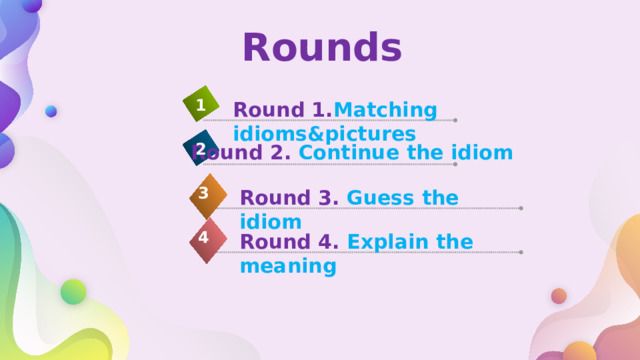 Rounds 1 Round 1. Matching idioms&pictures 2 Round 2. Continue the idiom 3 Round 3.  Guess the idiom 4 Round 4. Explain the meaning 