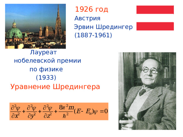 1926 год  Австрия     Эрвин Шредингер   (1887-1961)     Лауреат  нобелевской премии   по физике    (1933) Уравнение Шредингера 