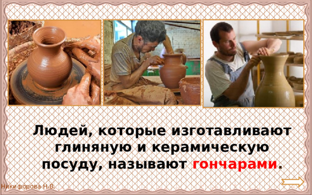  Людей, которые изготавливают глиняную и керамическую посуду, называют гончарами . 