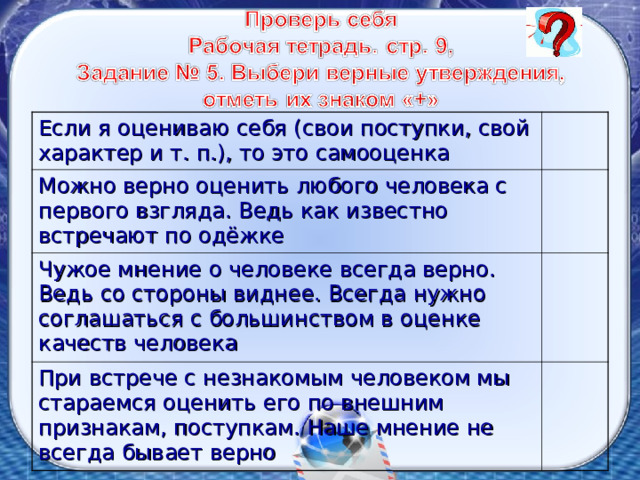 Если я оцениваю себя (свои поступки, свой характер и т. п.), то это самооценка Можно верно оценить любого человека с первого взгляда. Ведь как известно встречают по одёжке Чужое мнение о человеке всегда верно. Ведь со стороны виднее. Всегда нужно соглашаться с большинством в оценке качеств человека При встрече с незнакомым человеком мы стараемся оценить его по внешним признакам, поступкам. Наше мнение не всегда бывает верно 