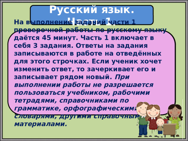 Русский язык. Часть 1. На выполнение заданий части 1 проверочной работы по русскому языку даётся 45 минут. Часть 1 включает в себя 3 задания. Ответы на задания записываются в работе на отведённых для этого строчках. Если ученик хочет изменить ответ, то зачеркивает его и записывает рядом новый. При выполнении работы не разрешается пользоваться учебником, рабочими тетрадями, справочниками по грамматике, орфографическими словарями, другими справочными материалами. Проверочная работа по русскому языку состоит из двух частей, которые выполняются в разные дни и различаются по содержанию и количеству заданий. 