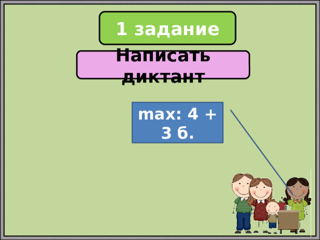 1 задание Написать диктант 7 баллов max: 4 + 3 б. 