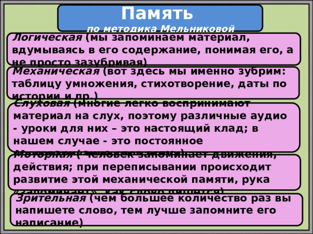Память по методика Мельниковой Логическая  (мы запоминаем материал, вдумываясь в его содержание, понимая его, а не просто зазубривая) Механическая  (вот здесь мы именно зубрим: таблицу умножения, стихотворение, даты по истории и пр.) Слуховая  (многие легко воспринимают материал на слух, поэтому различные аудио - уроки для них – это настоящий клад; в нашем случае - это постоянное проговаривание слов вслух) Моторная  ( человек запоминает движения, действия; при переписывании происходит развитие этой механической памяти, рука «запоминает», как слово пишется) Зрительная  (чем большее количество раз вы напишете слово, тем лучше запомните его написание) 