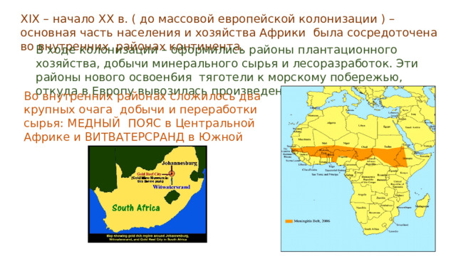 XIX – начало XX в. ( до массовой европейской колонизации ) – основная часть населения и хозяйства Африки была сосредоточена во внутренних районах континента. В ходе колонизации – оформились районы плантационного хозяйства, добычи минерального сырья и лесоразработок. Эти районы нового освоен6ия тяготели к морскому побережью, откуда в Европу вывозилась произведенная продукция. Во внутренних районах сложилось два крупных очага добычи и переработки сырья: МЕДНЫЙ ПОЯС в Центральной Африке и ВИТВАТЕРСРАНД в Южной 