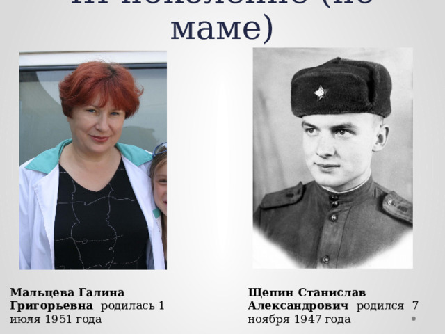 III-поколение (по маме) Мальцева Галина Григорьевна родилась 1 июля 1951 года Щепин Станислав Александрович родился 7 ноября 1947 года 