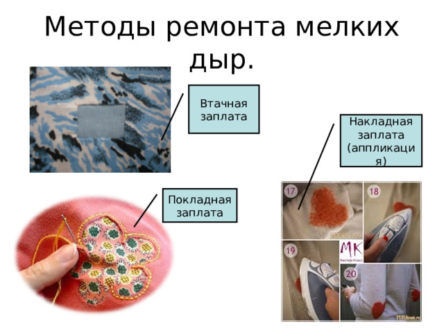 Методы ремонта мелких дыр. Втачная заплата Накладная заплата (аппликация) Покладная заплата 