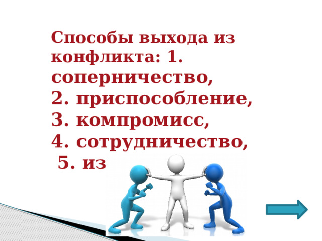 Способы выхода из конфликта: 1. соперничество, 2. приспособление, 3. компромисс, 4. сотрудничество,  5. избегание. 