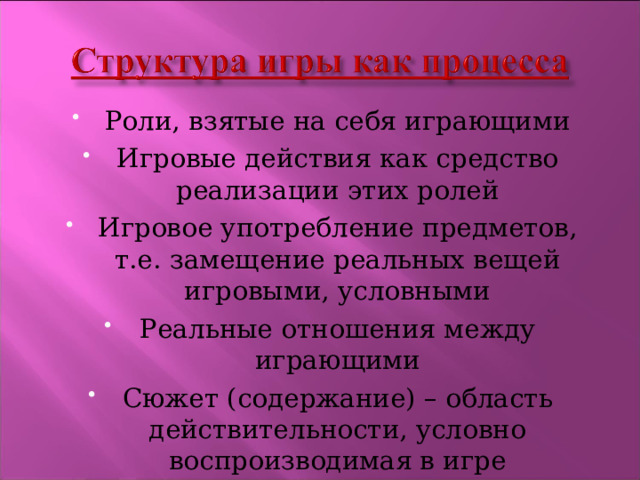 Роли, взятые на себя играющими Игровые действия как средство реализации этих ролей Игровое употребление предметов, т.е. замещение реальных вещей игровыми, условными Реальные отношения между играющими Сюжет (содержание) – область действительности, условно воспроизводимая в игре 
