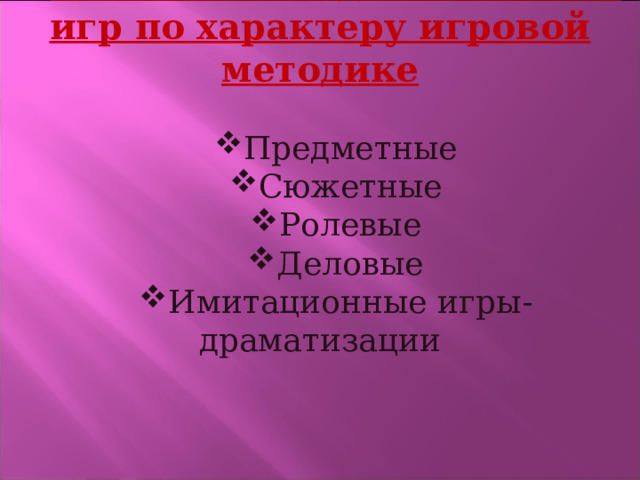 Типология педагогических игр по характеру игровой методике Предметные Сюжетные Ролевые Деловые Имитационные игры-драматизации   