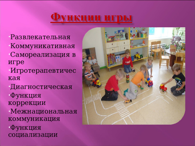 Развлекательная Коммуникативная Самореализация в игре Игротерапевтическая Диагностическая Функция коррекции Межнациональная коммуникация Функция социализации 