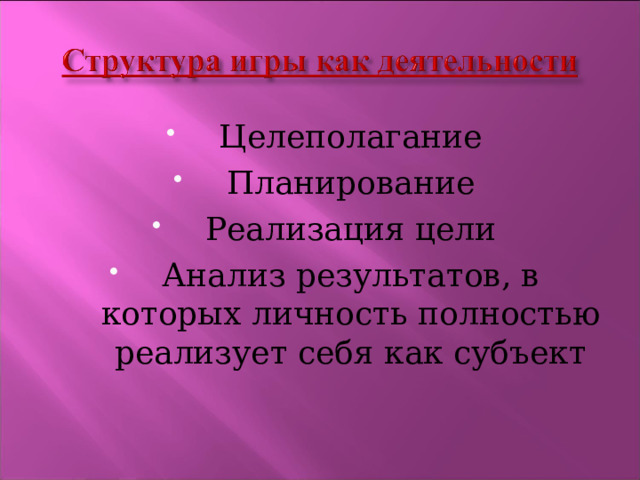 Целеполагание Планирование Реализация цели Анализ результатов, в которых личность полностью реализует себя как субъект 