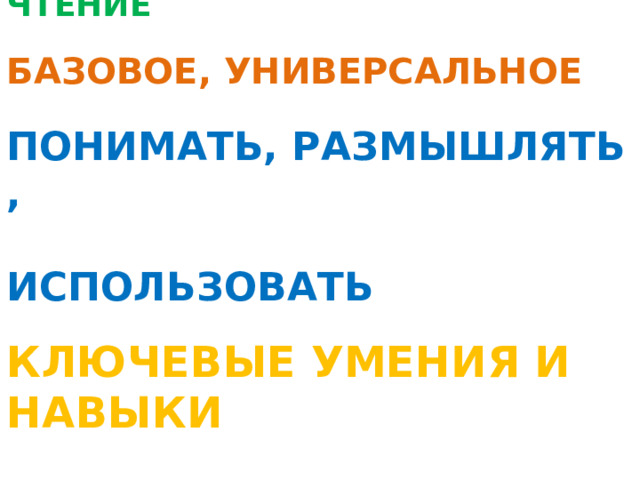 «Читательская грамотность»  ЧТЕНИЕ БАЗОВОЕ, УНИВЕРСАЛЬНОЕ ПОНИМАТЬ, РАЗМЫШЛЯТЬ ,  ИСПОЛЬЗОВАТЬ КЛЮЧЕВЫЕ УМЕНИЯ И НАВЫКИ  БУДУЩЕЕ  