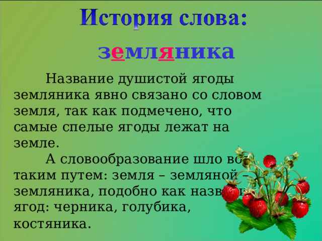 з е мл я ника  Название душистой ягоды земляника явно связано со словом земля, так как подмечено, что самые спелые ягоды лежат на земле.  А словообразование шло вот таким путем: земля – земляной – земляника, подобно как названия ягод: черника, голубика, костяника . 