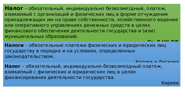 Налог – обязательный, индивидуально безвозмездный, платеж, взимаемый с организаций и физических лиц в форме отчуждения принадлежащих им на праве собственности, хозяйственного ведения или оперативного управлениях денежных средств в целях финансового обеспечения деятельности государства и (или) муниципальных образований. Ст. 8 НК РФ Налоги – обязательные платежи физических и юридических лиц государству в порядке и на условиях, определенных законодательством. Котова и Лискова Налог – обязательный, индивидуально-безвозмездный платеж, взимаемый с физических и юридических лиц в целях финансирования деятельности государства. Киреев 