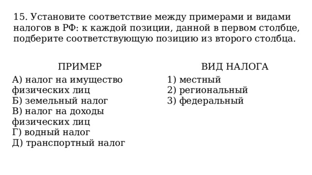 15. Установите соответствие между примерами и видами налогов в РФ: к каждой позиции, данной в первом столбце, подберите соответствующую позицию из второго столбца. ПРИМЕР   А) налог на имущество физических лиц ВИД НАЛОГА Б) земельный налог   В) налог на доходы физических лиц 1) местный Г) водный налог 2) региональный Д) транспортный налог 3) федеральный 