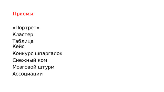 Приемы «Портрет» Кластер Таблица  Кейс Конкурс шпаргалок Снежный ком Мозговой штурм Ассоциации 