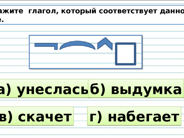 7. Укажите глагол, который соответствует данной схеме. а) унеслась б) выдумка в) скачет г) набегает 