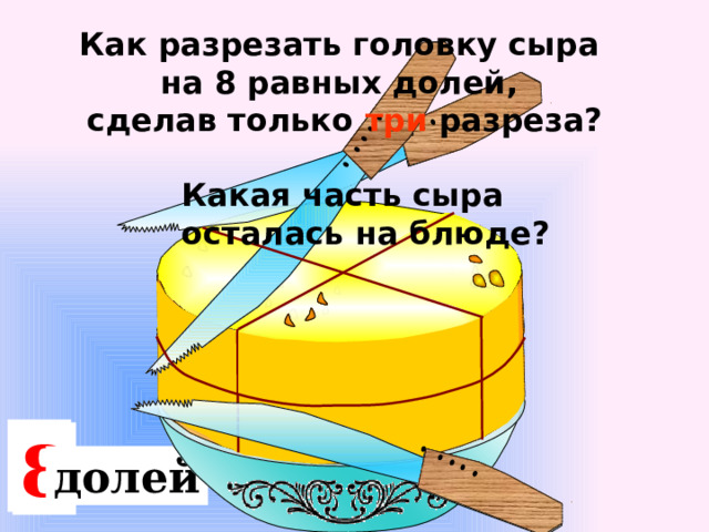 Как разрезать головку сыра на 8 равных долей, сделав только три разреза? Какая часть сыра осталась на блюде? 4 2 8 доли долей 