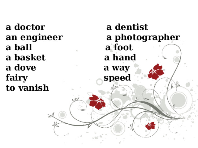 a doctor a dentist  an engineer a photographer  a ball a foot  a basket a hand  a dove a way  fairy speed  to vanish      