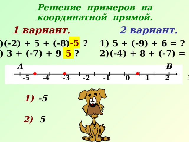 Решение примеров на координатной прямой.  2 вариант.   1 вариант.  -5  5 + (-9) + 6 = ? (-4) + 8 + (-7) = ? (-2) + 5 + (-8) = ?  3 + (-7) + 9 = ? 5 В А   -5 -4 -3 -2 -1 0 1 2 3 4 5 х 1) -5 2)  5 
