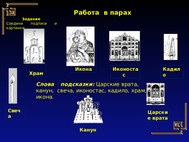 Работа в парах Задание Соедини подписи и картинки.  Храм Икона Иконостас  Кадило Слова – подсказки: Царские врата, канун, свеча, иконостас, кадило, храм, икона. Свеча Царские врата  Канун 