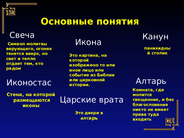 Основные понятия Свеча Канун Икона  Cимвол молитвы верующего, огонек тянется вверх, но свет и тепло отдает тем, кто рядом панихидный столик Это картина, на которой изображено то или иное лицо или событие из Библии или церковной истории. Алтарь Иконостас Комната, где молится священник, и без благословения никто не имеет права туда входить Стена, на которой  размещаются иконы Царские  врата Это двери в алт арь 