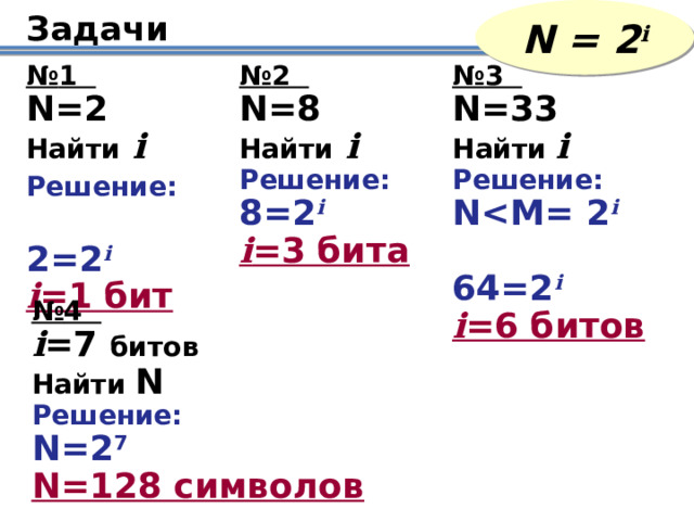 N = 2 i Задачи № 3 № 2 № 1 N=8 N=2 N=33 Найти  i Найти  i Найти  i Решение:  Решение: Решение: 2=2 i  N i  8=2 i   64=2 i  i =3 бита i =1 бит i =6 битов № 4 i =7 битов Найти N Решение: N=2 7  N=128 символов  